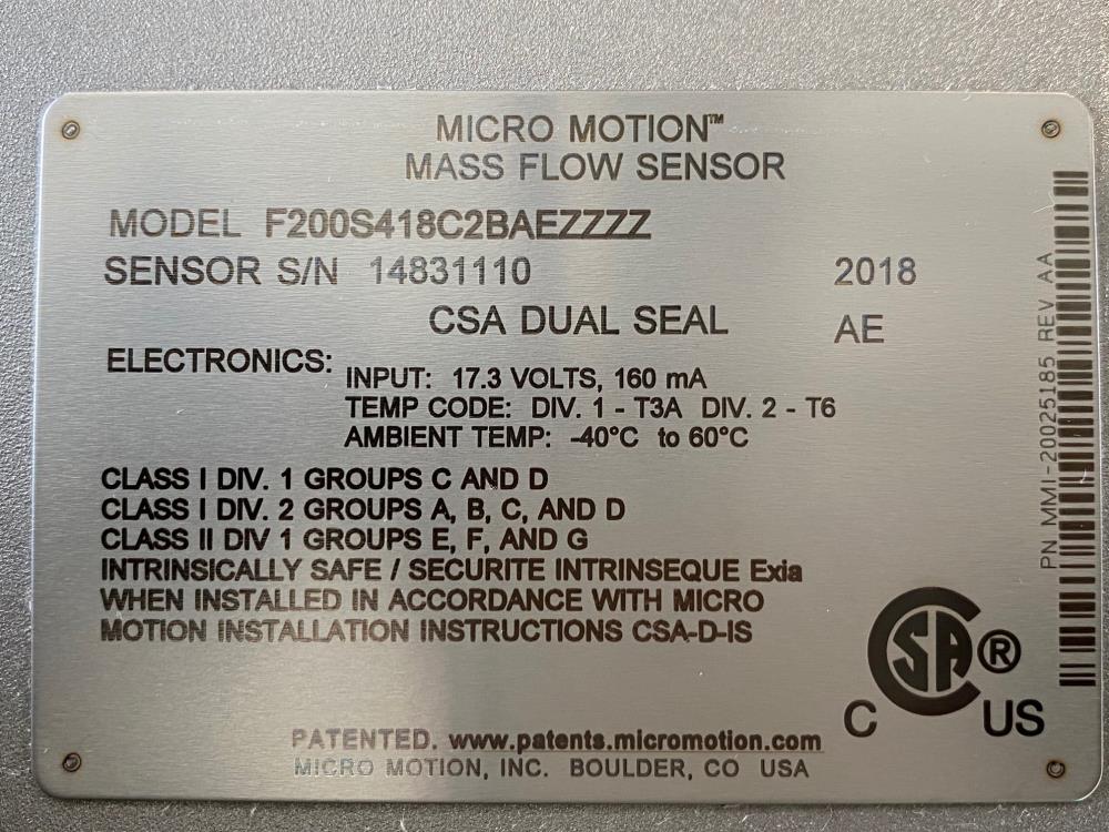Micro Motion 2" x 1-1/2" 150# 316 Stainless Flow Meter F200S418C2BAEZZZZ (R)